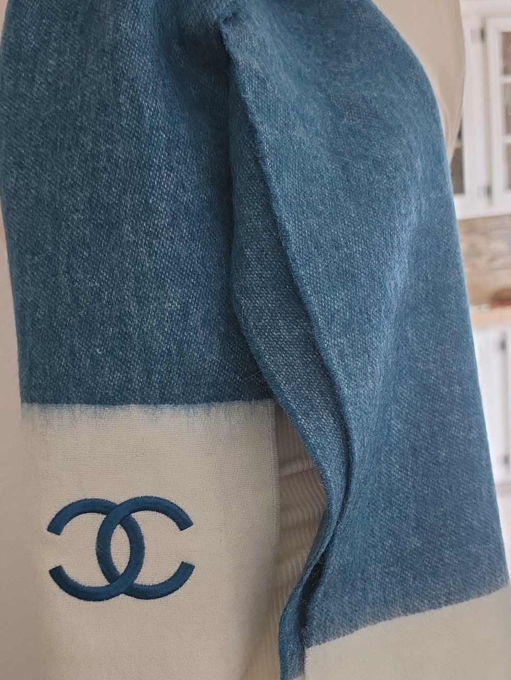 CHANEL Blue and Cream Embroidered CC Logo Scarf